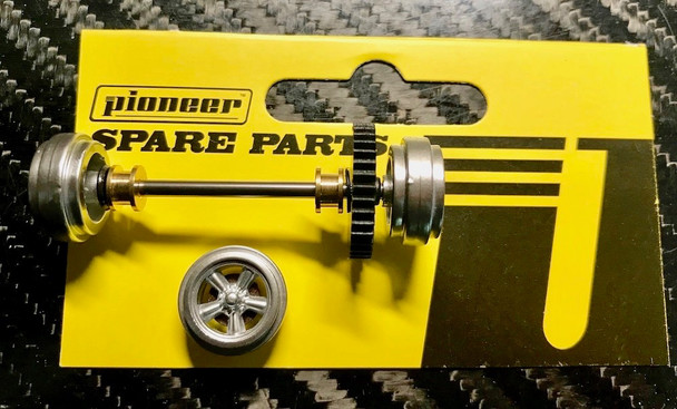 Pioneer Rear Axle Assembly no Tires All Silver Torq Thrust Wheels 1/32 Slot Car
