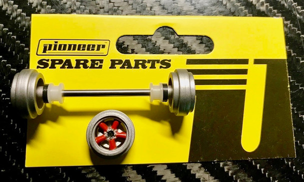 Pioneer Front Axle Assembly (no Tyres) Silver Rim w/ Red Spoke Wheels 1/32 Slot Car