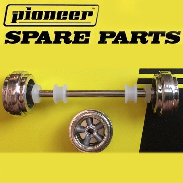 Pioneer American Racing Front Axle Assembly Chrome/Dark Silver Wheels 1/32 Slot Car