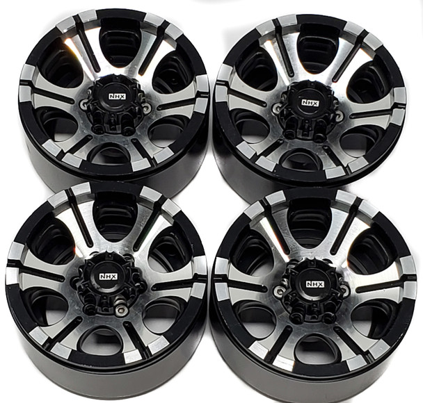 NHX 6 Spoke Aluminum 1.9 Inch Beadlock B Black Wheel Rim w/ Silver Rings 4pcs