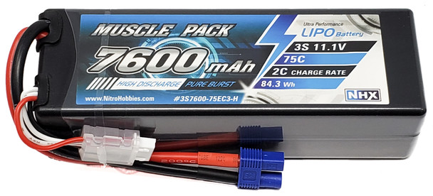 NHX Muscle Pack 3S 11.1V 7600mAh 75C Hard Case Lipo Battery w/ EC3 Connector