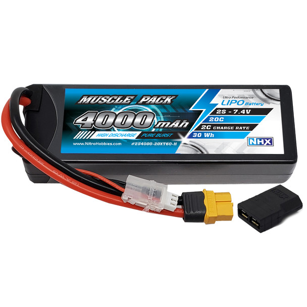 NHX Muscle Pack 2S 7.4V 4000mAh 20C Hard Case Lipo Battery w/ XT60 + Traxxas Adapter