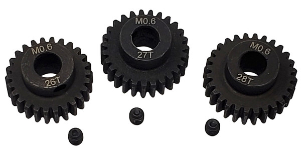 NHX M0.6 5mm Bore Hardened Steel Pinion Gears: 26T, 27T, 28T