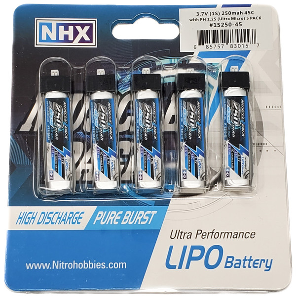 NHX Muscle Pack 1S 3.7V 250mAh 45C Lipo Battery w/ Ultra-Micro (5 PACK)