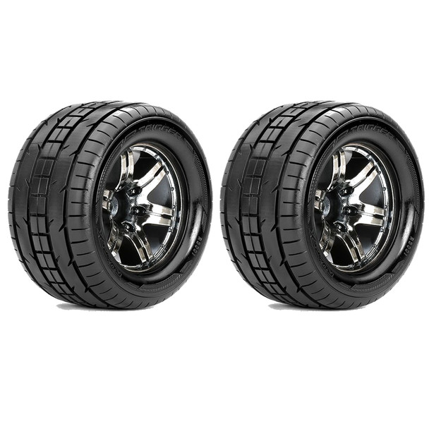 Roapex R/C Trigger 1/10 Monster Truck Tires w/ Chrome Black Wheels 12mm Hex (2)