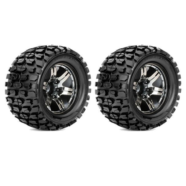 Roapex R/C Tracker 1/10 Monster Truck Tires w/ Chrome Black Wheels 12mm Hex (2)