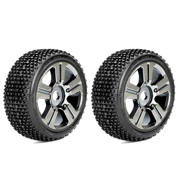 Roapex R/C Roller 1/8 Buggy Tires Mounted on Chrome Black Wheels 17mm Hex (2)