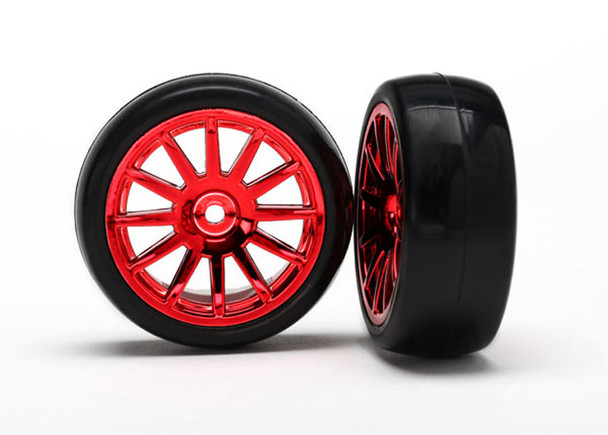 Traxxas 7573X LaTrax Rally Tires / Wheels Assembled / Glued 12-Spoke Red Chrome (2)