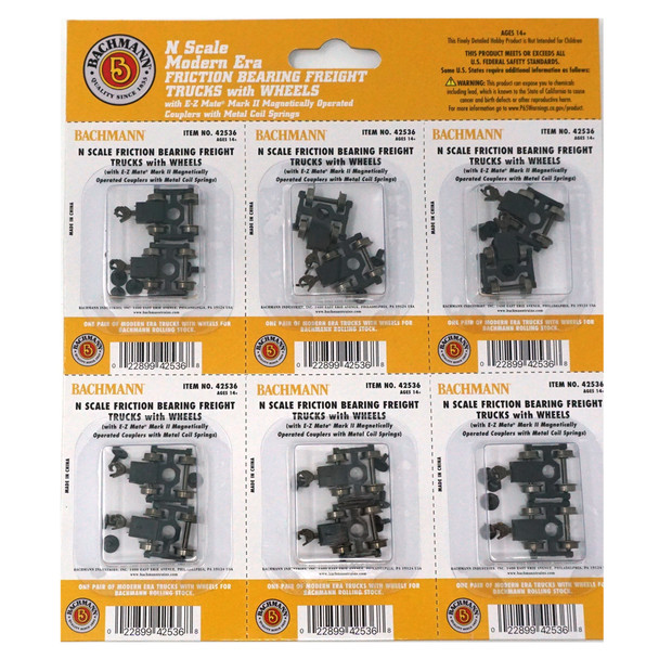 Bachmann 42536 Friction-Bearing Freight Trucks w/ Wheels (Pack of 6) : N Scale