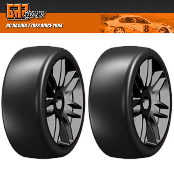 GRP GTX02-S2 1:8 GT T02 SLICK S2 XSoft Belted Tire w/ Spoked Black Wheel (2)