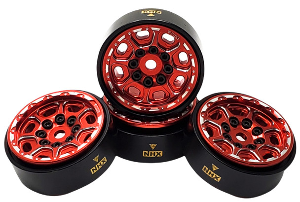 NHX 1.0" 8H Alum Beadlock Crawler Wheels Rims Red (4) w/ Brass Weight Center Ring : SCX24