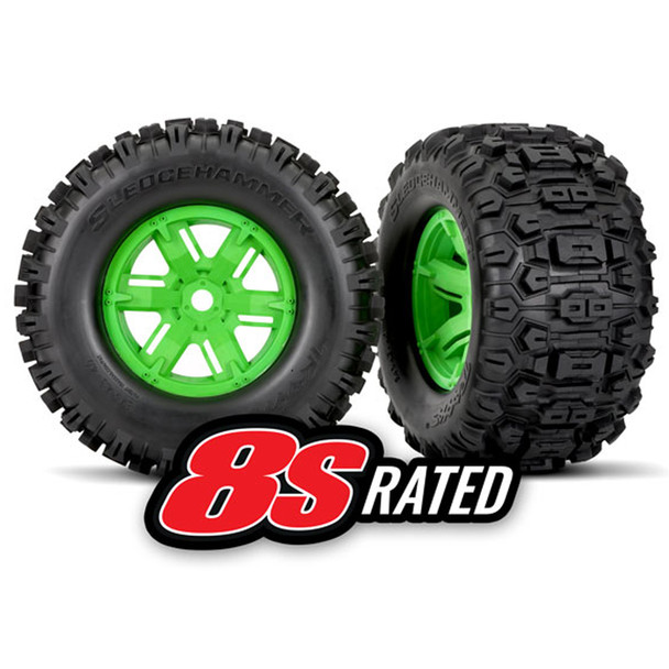 Traxxas 7774G L/R Tires & Green Wheels w/ Foam Inserts (2) : X-Maxx