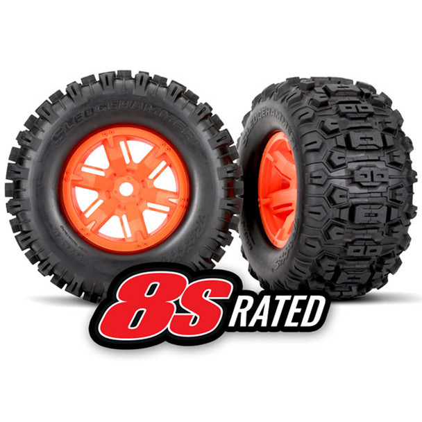 Traxxas 7774T L/R Tires & Orange Wheels w/ Foam Inserts (2) : X-Maxx