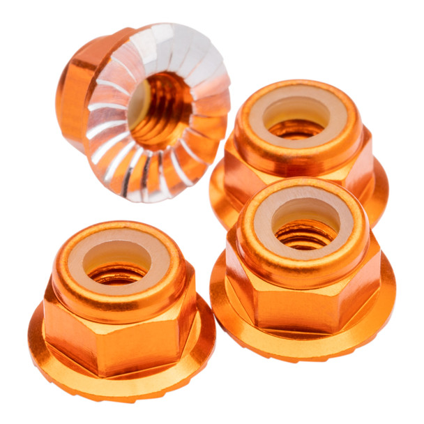 1Up Racing 80552 Premium Aluminum Locknuts M4 Flanged & Serrated - Orange (4)