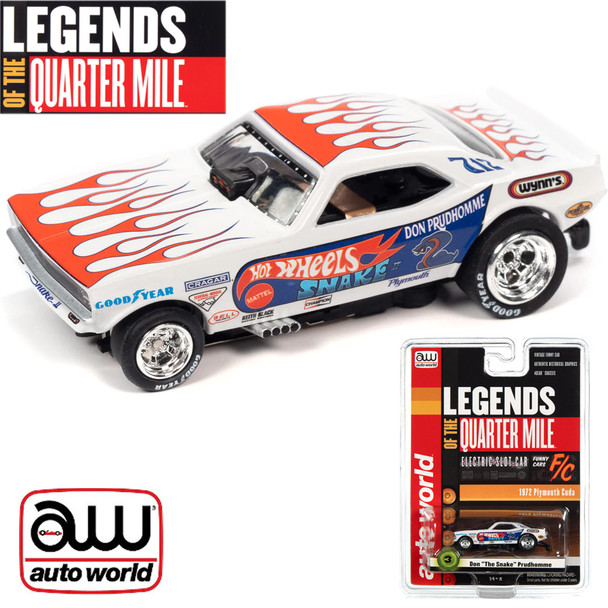 Auto World 4Gear Hot Wheels Don The Snake Prudhomme 1972 Plymouth Cuda Funny Car White HO Slot Car