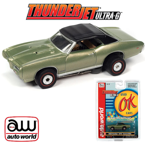 Auto World Thunderjet Ok Used Cars 1969 Pontiac GTO Convertible Green HO Slot Car