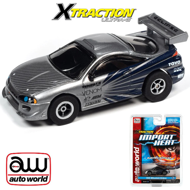 Auto World Xtraction Import Heat 1995 Mitsubishi Eclipse Platinum/Blue HO Slot Car