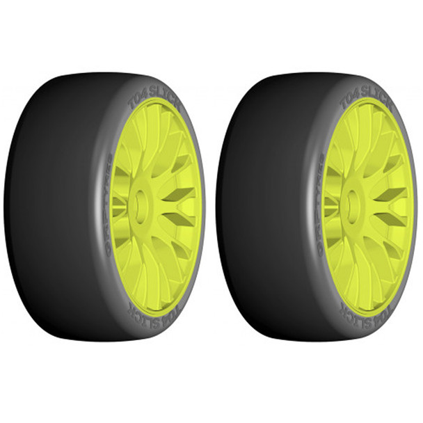 GRP GTY04-XM4 1:8 GT T04 SLICK XM4 Soft Medium Tires w/ 20 Spoked Yellow Wheel (2)