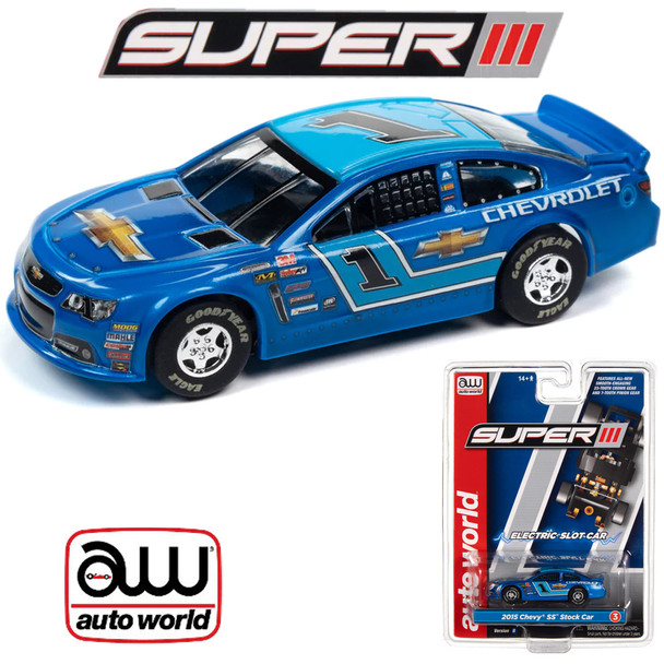 Auto World Super III 2015 Chevy SS Stock Car Blue Version B HO Slot Car