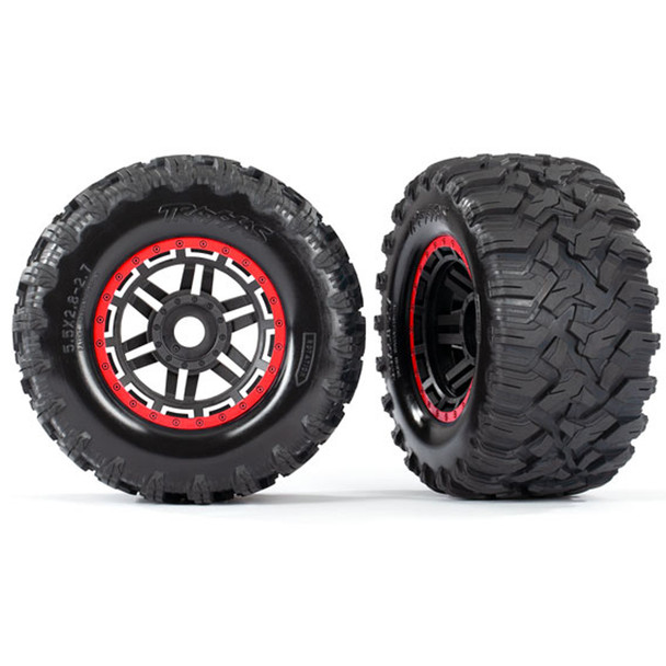 Traxxas 8972R MT Tires w/ Black/Red Beadlock Wheels & Foam Inserts (2) for Maxx