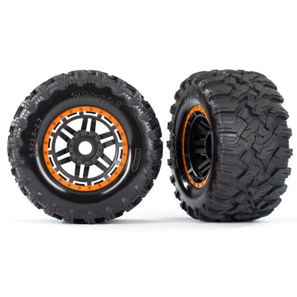 Traxxas 8972T MT Tires w/ Black/Orange Beadlock Wheels & Foam Inserts (2) for Maxx