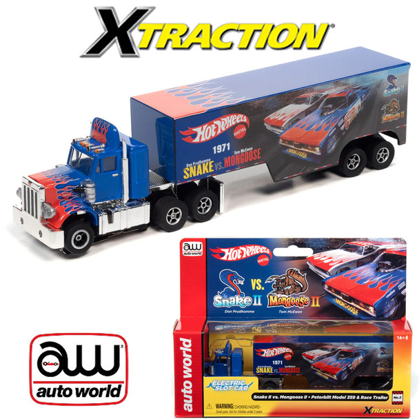 Auto World SCM075 Xtraction Rig Peterbilt 359 w/Trailer Snake II Vs. Mongoose II (Flamethrower) HO Slot Car