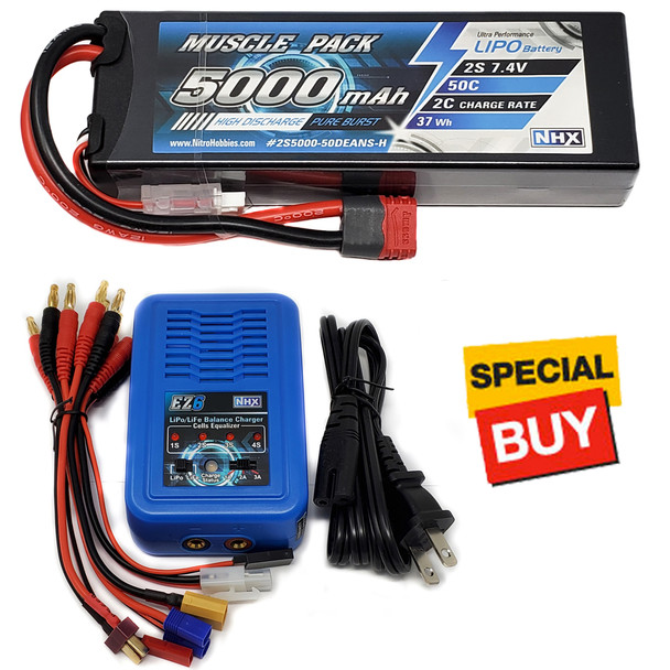 NHX Muscle Pack 2S 7.4V 5000mAh 50C Lipo Battery w/ DEANS Connector / EZ6 Charger
