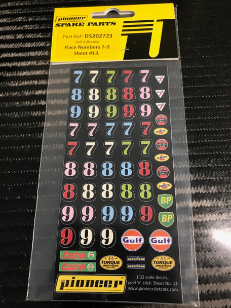 Pioneer DS202723 Various Racing Numbers 7-9 Sticker Sheet #13 1/32 Slot Car