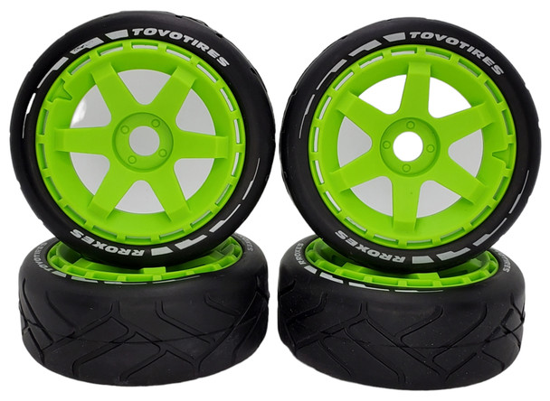 NHX RC 1/8 On Road Touring Car Tires with Green 17mm Hex 6-Spoke Rims (4) - Hobao GTLE / GTSE / VTE