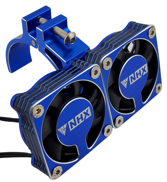NHX RC 1/8 Twin Alum Cooling Fans w/Cover & Side Motor Mount for Castle 1721 / 1717 -Blue