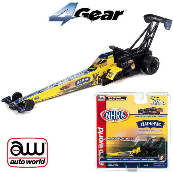 Auto World 4Gear NHRA Brittany Force 2023 FLAV-R-PAC Top Fuel Dragster HO Slot Car