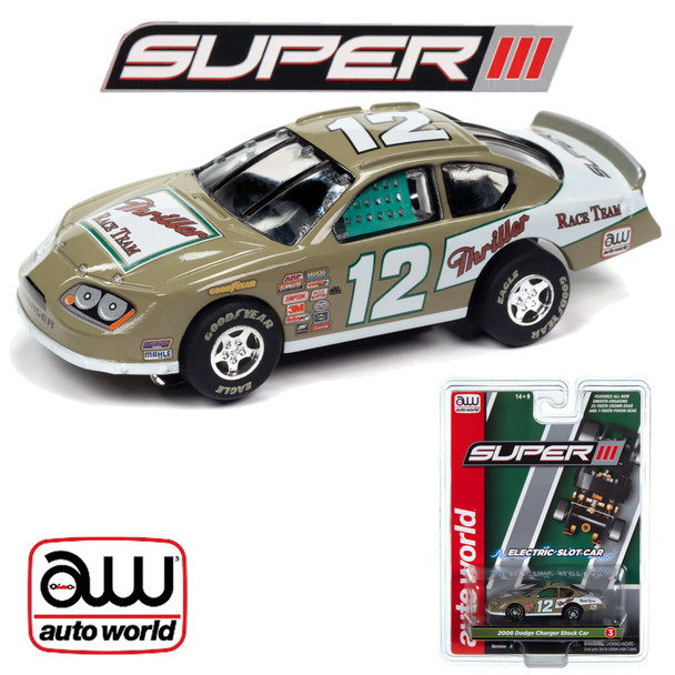 Auto World Super III 2008 Dodge Charger Stock Car Gold HO Scale Slot Car