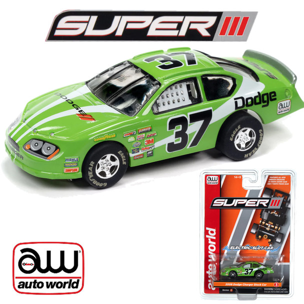 Auto World Super III 2008 Dodge Charger Stock Car Green HO Scale Slot Car