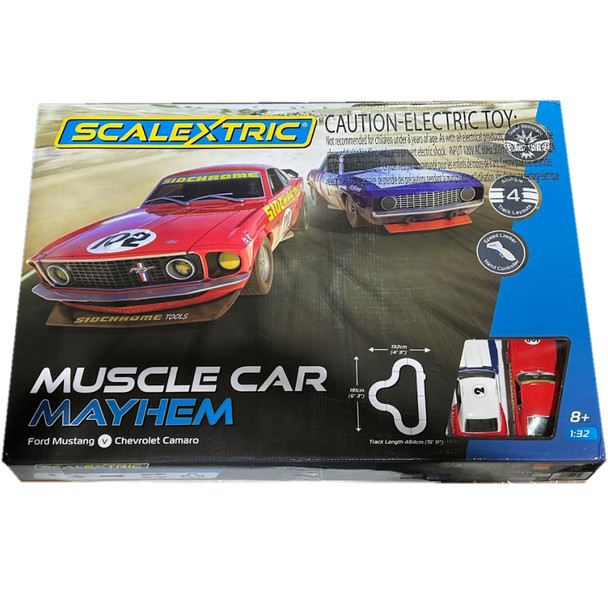 Scalextric C1449T Muscle Car Mayhem Mustang vs Camaro 1:32 Slot Car Track Set