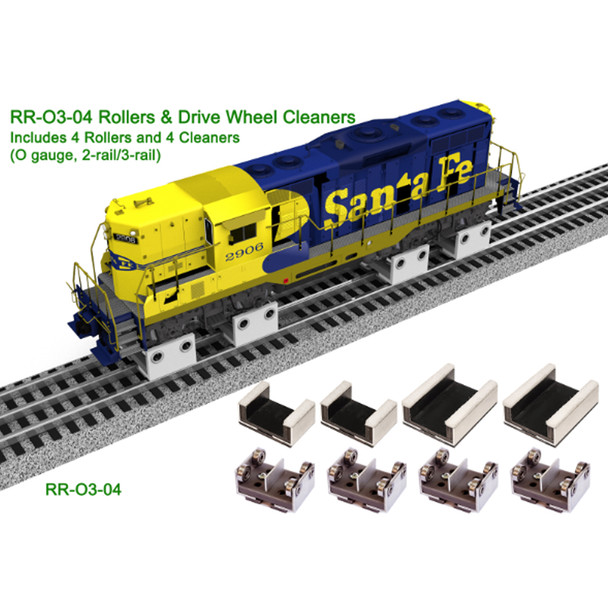 PROSES RR-O3-04 Rollers (4) w/ Drive Wheel Cleaners (4) (2-Rail/3-Rail) O Scale