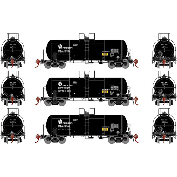 Athearn ATHG25758 13,600-Gallon Acid Tank - PROX Black (3Pack) HO Scale