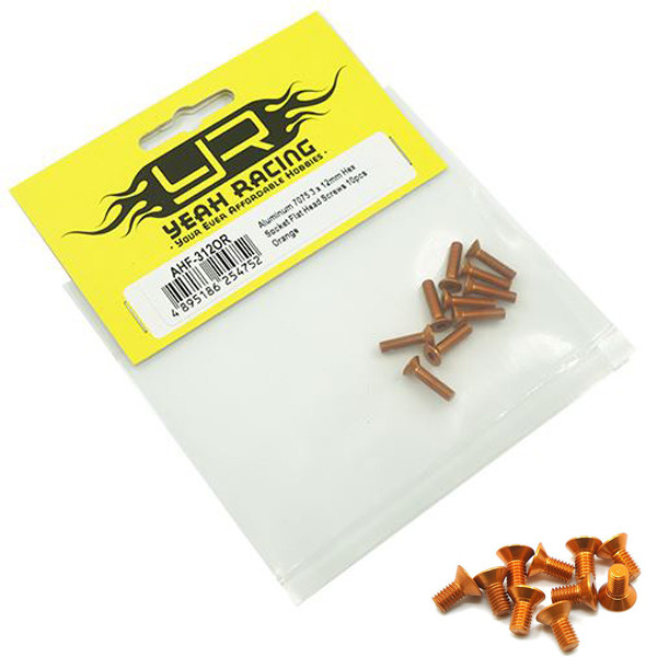 Yeah Racing AHF-312OR Aluminum 7075 3x12mm Hex Socket Flat Head Screws (10) Orng