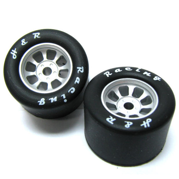 H&R Racing HR1108 Nascar Rear Silver Wide Wheel w/ Silicone Tire 1/8 Axle (2) 1:24 Slot Car