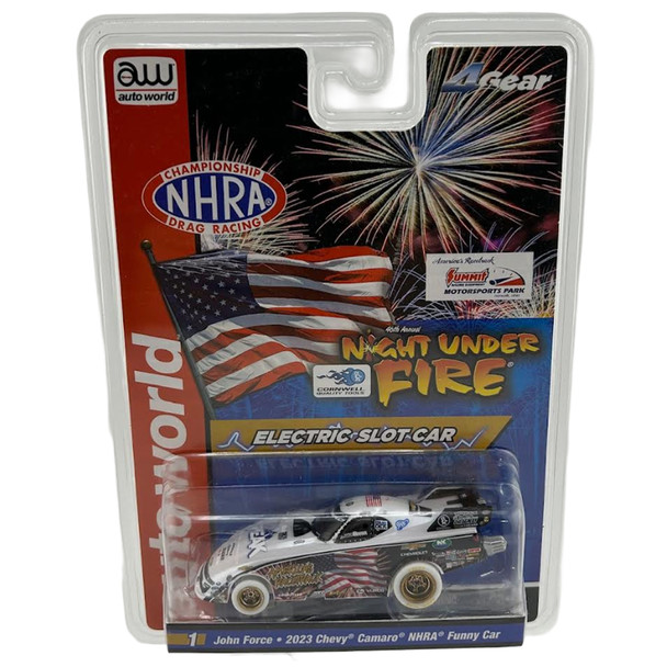 Auto World 4Gear John Force Night Under Fire 2023 Chevy Camaro iWheels HO Slot Car