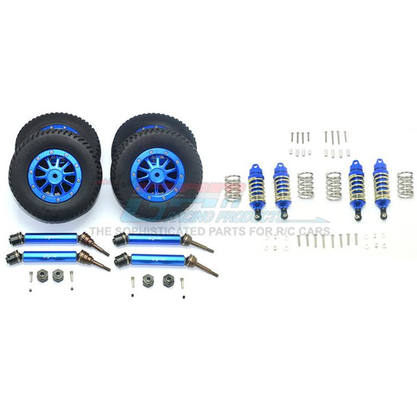 GPM F/R Alum Shocks+Steel #45 Axles+Spring Hex+Tires/Rim Blue : Rustler 4x4 VXL