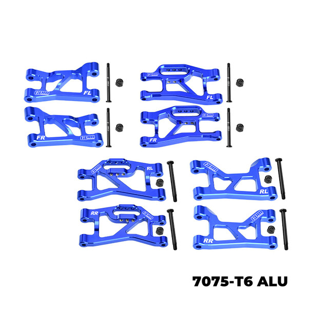 GPM Alum Front + Rear - Upper & Lower Suspension Arms Blue for 1/16 Mini Slash