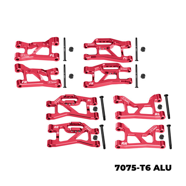 GPM Alum Front + Rear - Upper & Lower Suspension Arms Red for 1/16 Mini Slash