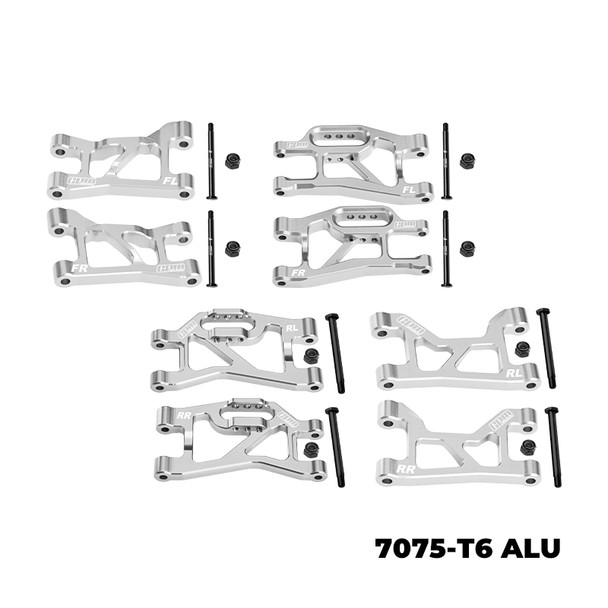 GPM Alum Front + Rear - Upper & Lower Suspension Arms Silver for 1/16 Mini Slash