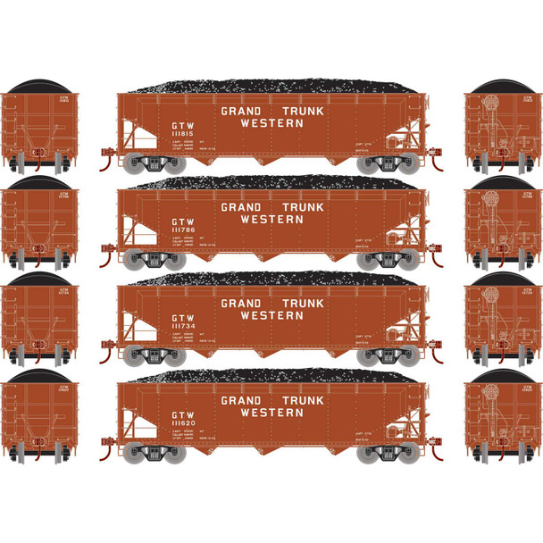 Athearn ATH33087 40' Offset Coal Hopper w/ Load (4) - Grand Trunk Western #1 HO Scale