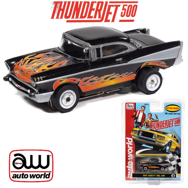 Auto World Thunderjet 1957 Chevrolet Bel Air Version A Black w/Flames HO Slot Car