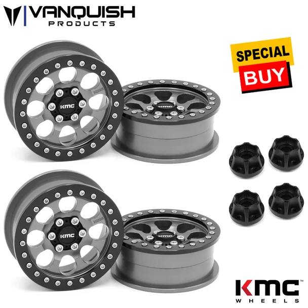 Vanquish 2.2 Aluminum KMC KM237 Riot Beadlock Grey Wheels (4) w/ Black Hubs (4)
