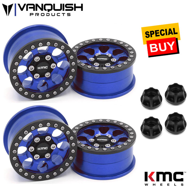 Vanquish 1.9 Aluminum KMC KM237 Riot Beadlock Blue Wheels (4) w/ Black Hubs (4)