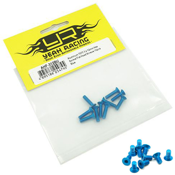 Yeah Racing AHF-312BU Aluminum 7075 3x12mm Hex Socket Flat Head Screws (10) Blue