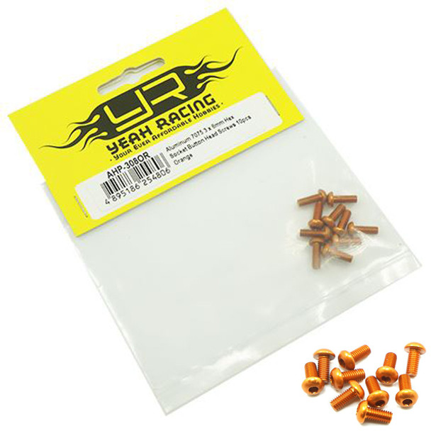 Yeah Racing AHP-308OR Aluminum 7075 3x8mm Hex Socket Button Head Screws (10) OR