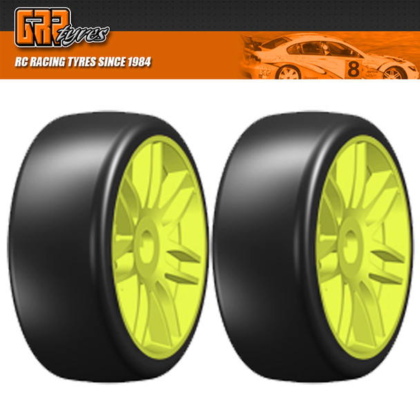 GRP GTY02-S2 1:8 GT T02 SLICK S2 XSoft Belted Tire w/ Spoked Yellow Wheel (2)